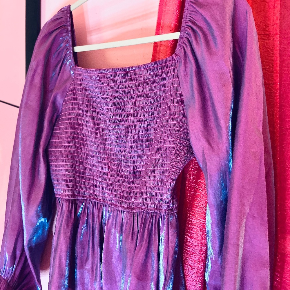 Andrée by Unit Purple Smocked Contempo Blouse Rayon Balloon Sleeve Women’s Med - Picture 2 of 4